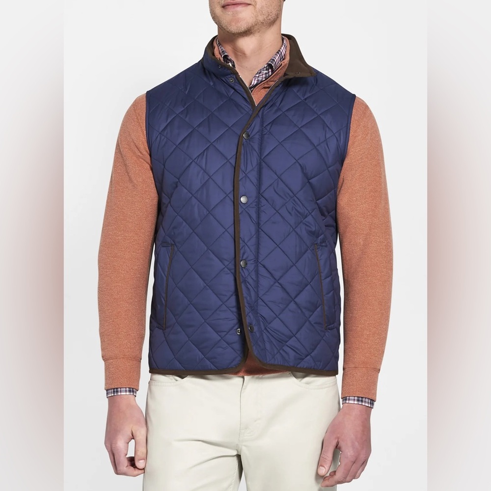 Peter Millar Vest Classic Essex Quilted Traveler Navy Blue and Brown Trim Men’s - Picture 3 of 16